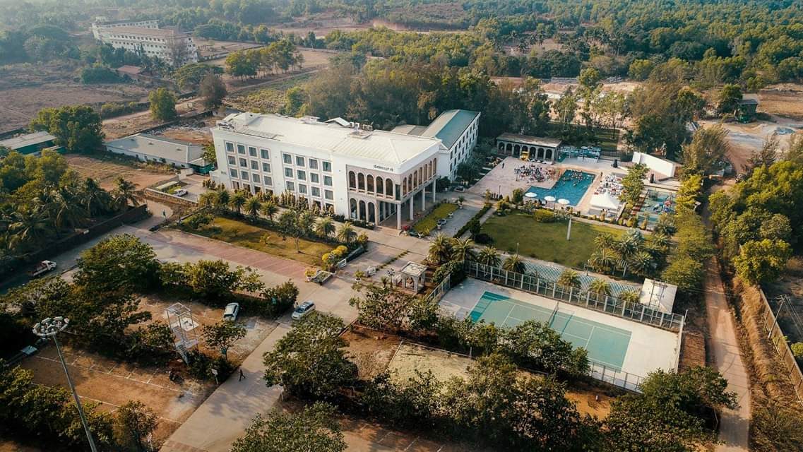 UVA Meridian resort building, pool and grounds from above