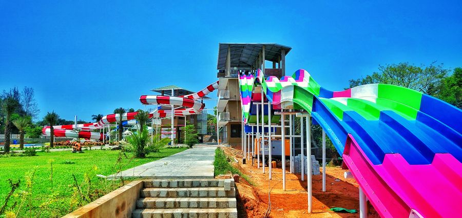 Slide towers and walkway through the water park